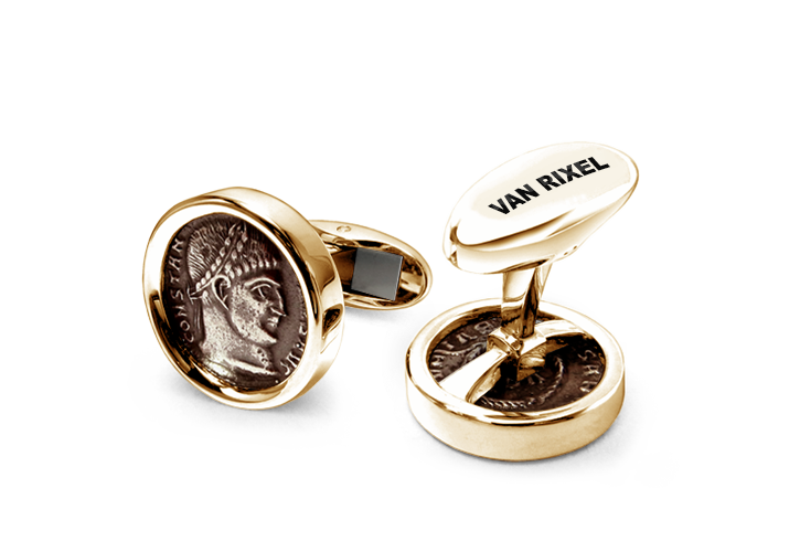 Een paar luxe, hoogwaardige, exclusieve en handgemaakte High End manchetknopen in 18 kt Geelgoud met Constantijn de Grote munt - MIII